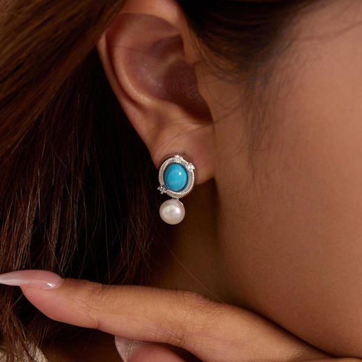 Manreya玛芮雅“青石松雾”绿松石项链珍珠耳钉首饰|合成蓝松，淡水珍珠 商品图3