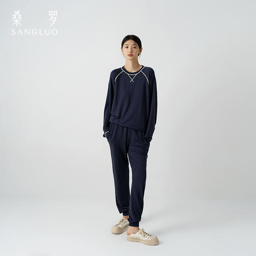 轻运动』桑罗藏青色长袖睡衣套装宽松休闲透气情侣男女同款家居服可外穿 商品图3
