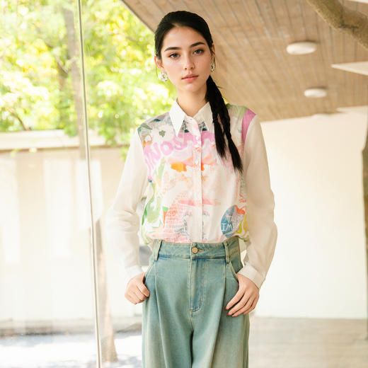 谜底花色衬衫长袖女士2025秋季新款复古风拼接修身衬衣257MC7788 商品图0