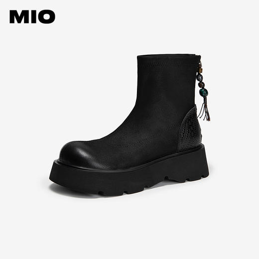 MIO米奥弹力靴圆头厚底中筒袜靴瘦瘦靴时尚百搭女靴M255625096 商品图0