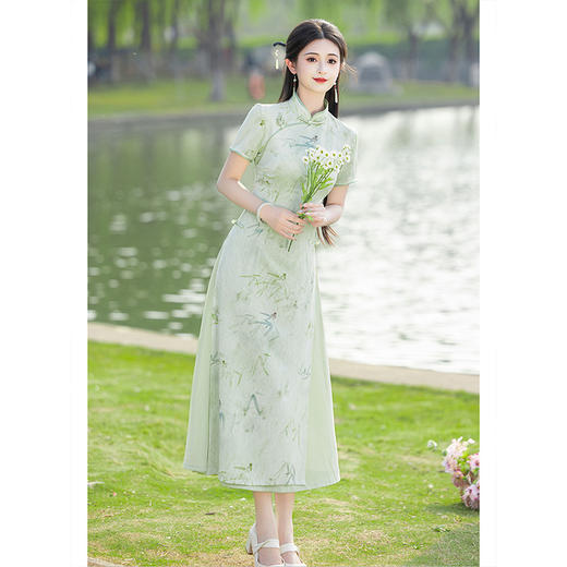 ＬＳＢ3867绿色国风女装连衣裙2025新款复古优雅气质改良年轻款女新中式旗袍 商品图1