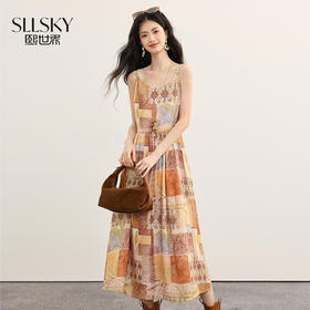 【08/06新品】熙世界波西米亚串珠吊带连衣裙女2025夏秋新款法式度假风印花长裙