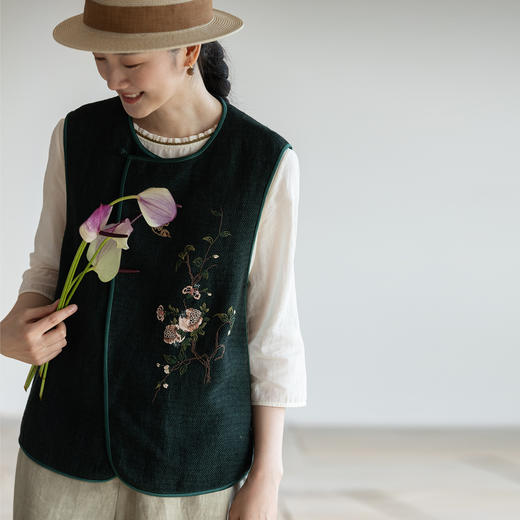 牧衣游原创 亚麻精工手绣马夹新品复古文艺禅意百搭无袖开衫 觅悠 商品图0