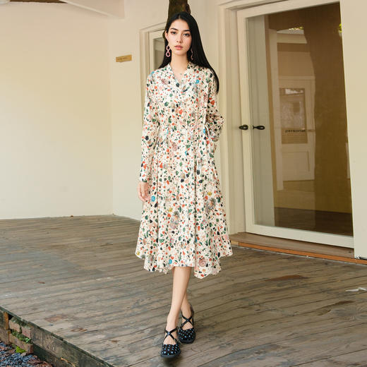 谜底花色连衣裙长袖2025秋季新款复古风抽象印花中长裙257ML7755 商品图0
