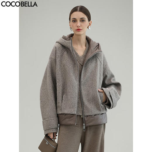 COCOBELLA假两件连帽毛呢外套女秋冬仿水波纹短款呢子大衣WL3205 商品图1