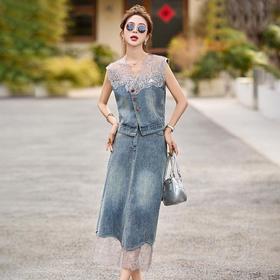 高级感港风复古牛仔设计感2025年夏季蕾丝拼接马甲半身裙两件套BBL2570