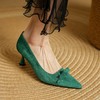 【预售5天】里外全皮复古墨绿色尖头高跟鞋细跟羊翻皮浅口法式蝴蝶结中跟单鞋PS&PS3012-1 商品缩略图3