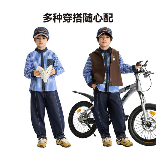 漫画家【氧气蓝衬衫】日系经典牛仔拼接条纹氧气少年感儿童衬衫 商品图3