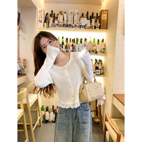 <曾小咸推荐>白色下摆拼接蕾丝长袖毛针织开衫