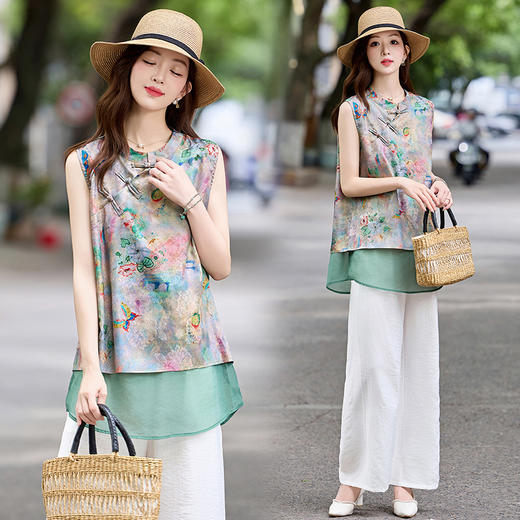 新中式国风套装，时尚复古印花洋气减龄显瘦遮肉阔腿裤两件套HR-MCXZ8023 商品图2
