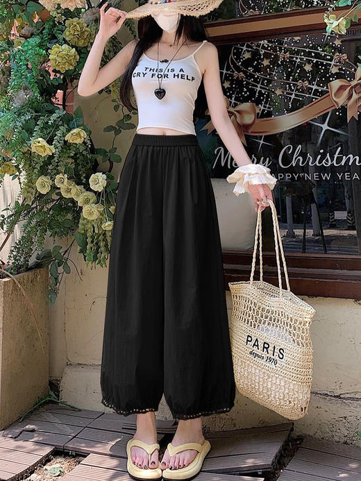 蕾丝镂空花苞阔腿裤 蕾丝花边设计感灯笼裤女2025新款高腰显瘦显高阔腿裤小个子九分裤 商品图1