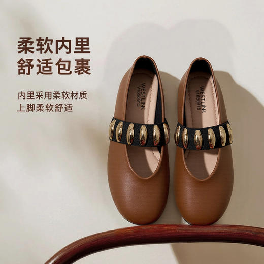 西遇平底单鞋女新款秋季小众设计感复古圆头软底银色玛丽珍鞋V1656915 商品图0