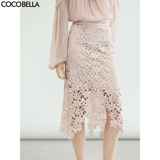 COCOBELLA100%醋酸重磅钩编蕾丝半身裙烫金剪花通勤裙HS3150 商品图0