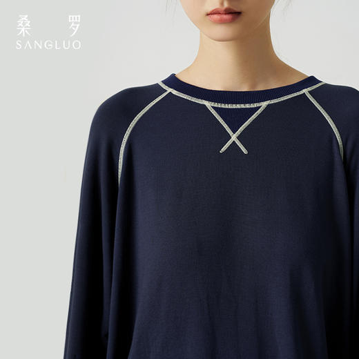 轻运动』桑罗藏青色长袖睡衣套装宽松休闲透气情侣男女同款家居服可外穿 商品图2