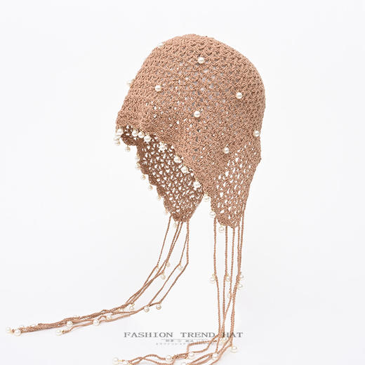 【拍照敲出片❗日系编织流苏帽】手工镂空珍珠吊坠包头帽，超显脸小凹造型神器，薄款透气勾花不闷汗，甜美文艺复古毛线帽堆堆帽QQ 商品图1