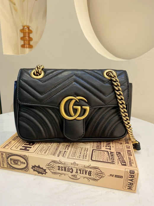 Gucci 马蒙 小号 黑金 牛皮 双g 链条包 商品图0