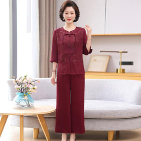 W503-D155-86-138岁60妈妈夏装套装国风短袖中老年女奶奶装宽松衬衫冰丝上衣裤子