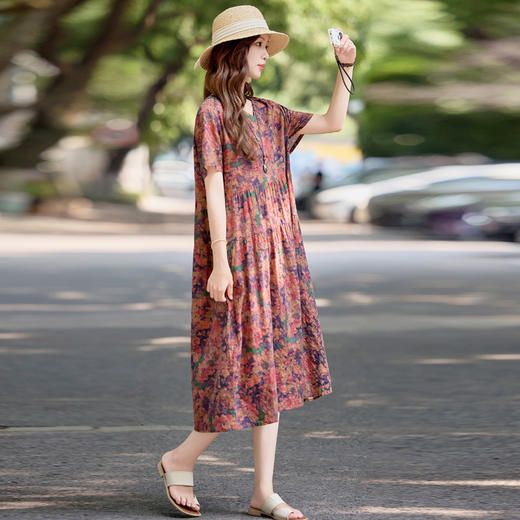 复古印花短袖棉麻连衣裙，优雅显瘦气质洋气减龄裙子HR-YWL1956 商品图2