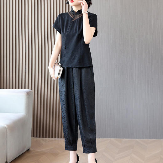 Ａ27977两件套夏桑蚕丝刺绣阔太太衬衣阔腿裤妈妈装时尚休闲套装 商品图1