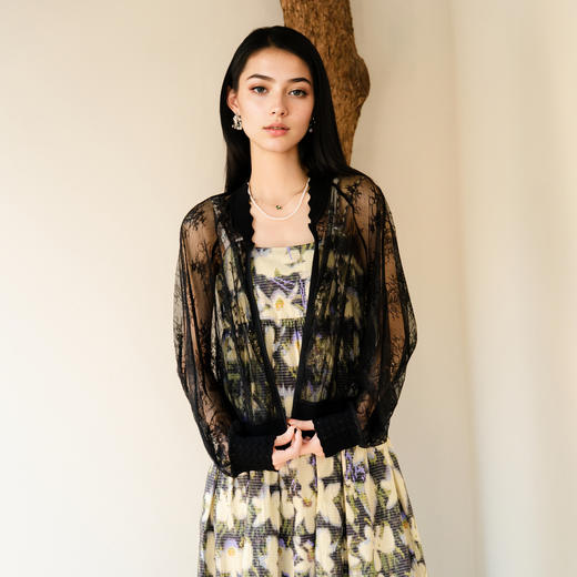 谜底蕾丝棒球服长袖2025秋季新款复古提花透视薄外套女25CMW5003 商品图0