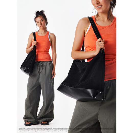 CryingCenter  黑色麂皮绒拼接大容量双肩带斜挎包手提包皮包 商品图1