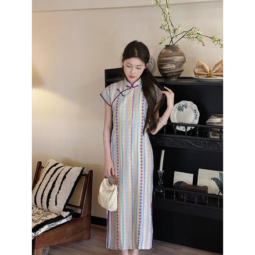 ＬＳＢ3890古法旗袍全开襟竖条纹绝美新中式2025夏季新款文艺复古少女年轻款 商品图3