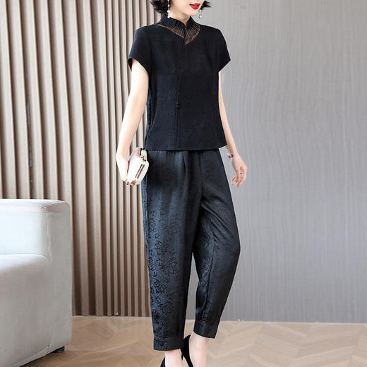 Ａ27977两件套夏桑蚕丝刺绣阔太太衬衣阔腿裤妈妈装时尚休闲套装 商品图2