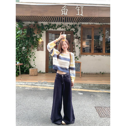 【129元任选2件】现货！韩系慵懒镂空钩花条纹针织衫 商品图4