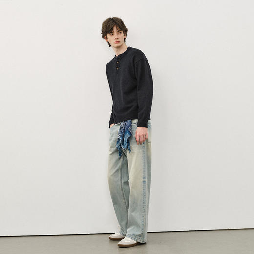 714street复古亨利领黑色毛衣男2025秋冬新款亲肤挺括合身针织衫 商品图3