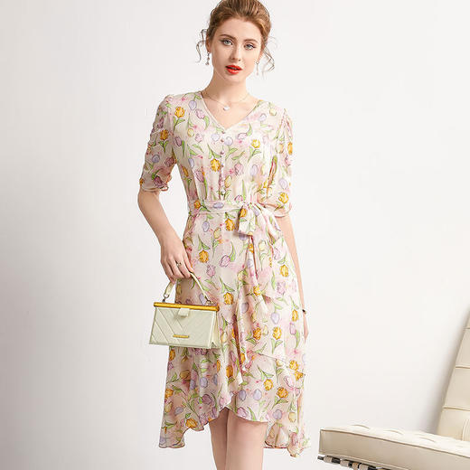 「高货kbnq」全新升级【铂金会员441/天猫599/差价158】(14324)洛诗琳新款法式优雅印花真丝裙2025夏季收腰显瘦连衣裙 商品图0