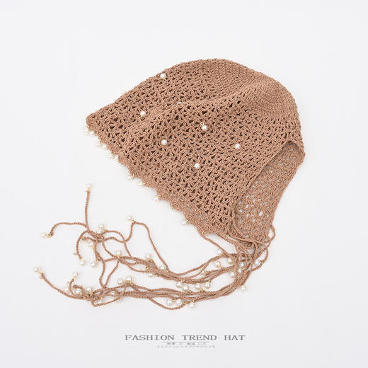 【拍照敲出片❗日系编织流苏帽】手工镂空珍珠吊坠包头帽，超显脸小凹造型神器，薄款透气勾花不闷汗，甜美文艺复古毛线帽堆堆帽QQ 商品图3