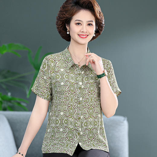 W592-2819-70-88中老年女夏装衬衣妈妈款短袖衬衫仿真丝仿桑蚕丝小个子短款上衣薄 商品图1