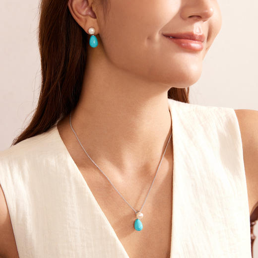 Manreya玛芮雅“海露未央”绿松石珍珠项链耳环套装复古赫本风高级感|合成绿松，淡水珍珠 商品图2