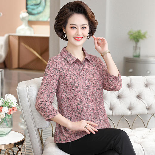 W012-6725-72-洋气气质妈妈夏装仿真丝碎花衬衫中老年女七分袖上衣薄款婆婆衬衣 商品图2