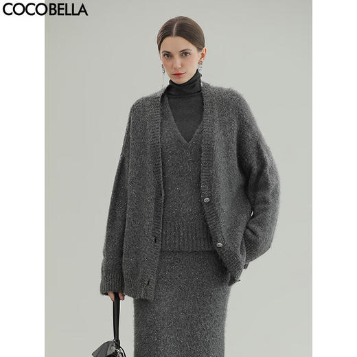 COCOBELLA高级灰细闪亮片加厚针织衫松弛感气质开衫外套MZ189 商品图0