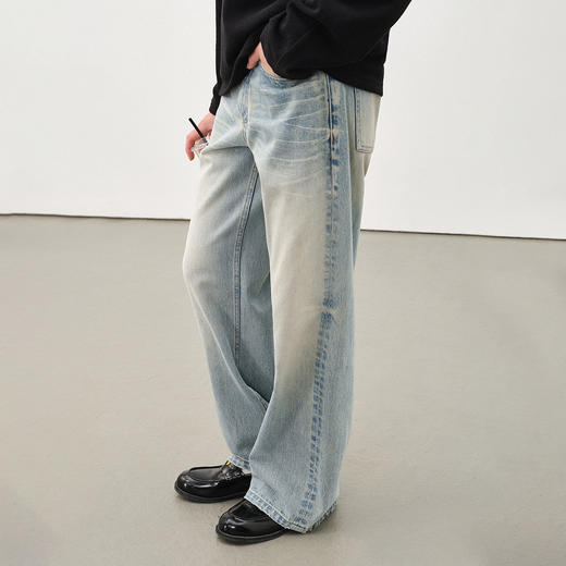 714street猫须渐变水洗纯棉浅蓝色牛仔裤男 2025秋冬季直筒休闲裤 商品图1