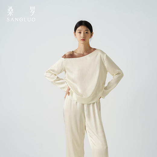 梦幻蕾丝』桑罗不对称斜领套装100%桑蚕丝长袖家居服女可外穿 商品图2