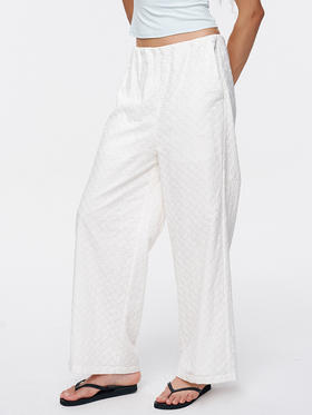 TR她热 小雏菊 白色花朵刺绣抽绳显瘦百搭宽松休闲直筒裤