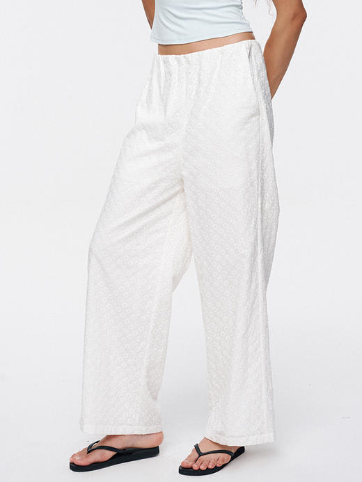 TR她热 小雏菊 白色花朵刺绣抽绳显瘦百搭宽松休闲直筒裤 商品图0