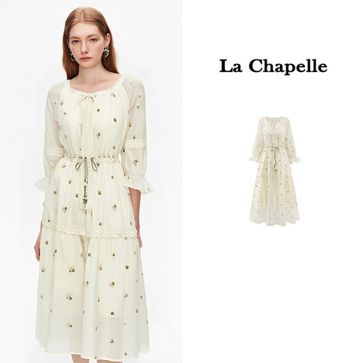 会员福利【精美刺绣~高品质】拉夏贝尔/La Chapelle蕾丝系带流苏抽绳刺绣七分袖收腰褶皱连衣裙 商品图1
