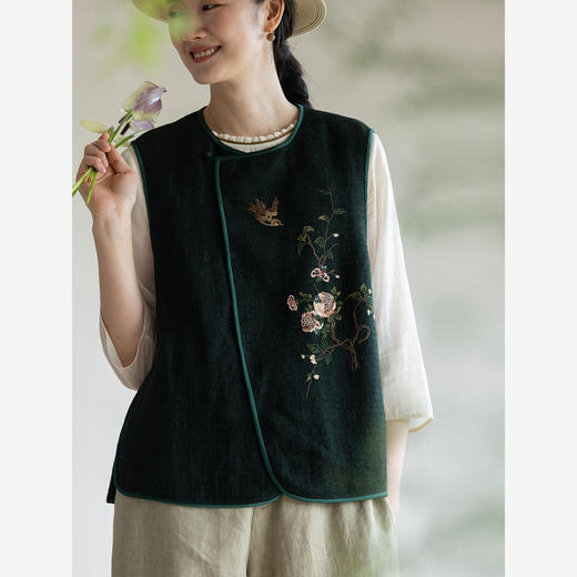 牧衣游原创 亚麻精工手绣马夹新品复古文艺禅意百搭无袖开衫 觅悠 商品图3
