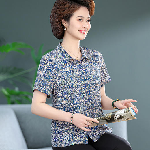 W592-2819-70-88中老年女夏装衬衣妈妈款短袖衬衫仿真丝仿桑蚕丝小个子短款上衣薄 商品图2