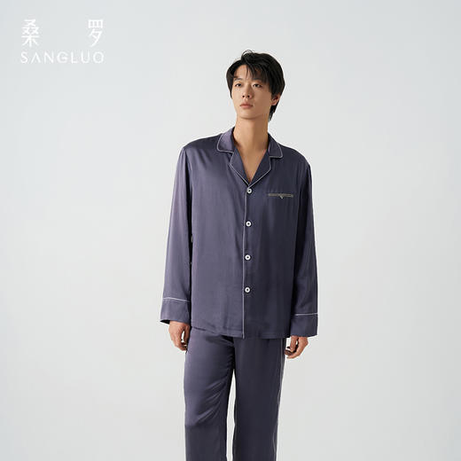 儒雅男士』桑罗深紫灰长袖睡衣套装100%桑蚕丝简约男家居服可外穿 商品图0