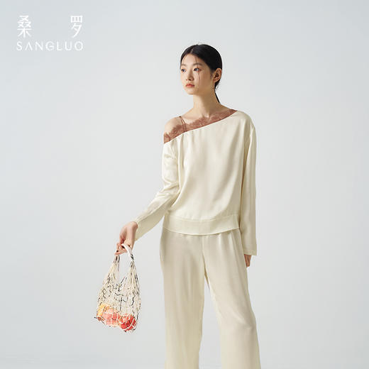 梦幻蕾丝』桑罗不对称斜领套装100%桑蚕丝长袖家居服女可外穿 商品图3