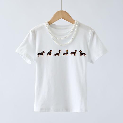 「自」全新升级【铂金会员146/天猫189/差价43】(21255)洛诗琳气质印花弹力棉质珍珠项链修身正肩圆领短袖T恤女 商品图3