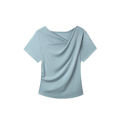 「自j」全新升级【铂金会员109/天猫149/差价40】(11813)洛诗琳不规则褶皱荡领T恤2025夏季设计感韩系温柔风露肩上衣 商品图4