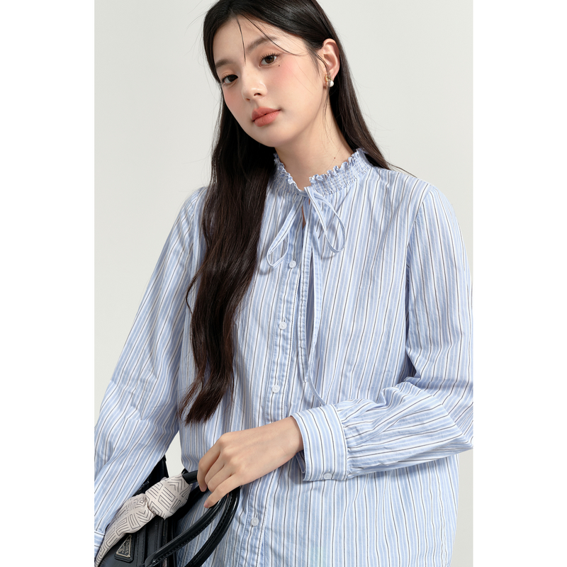 【商场同款】诗凡黎飘带领撞色条纹衬衫2025春新款衬衣3G2120732R
