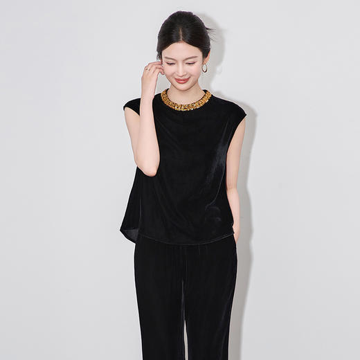 「高货wl」全新升级【铂金会员266/天猫359/差价93】(11000)洛诗琳时尚重工亮片钉珠上衣2025夏季通勤风丝绒无袖上衣 商品图0