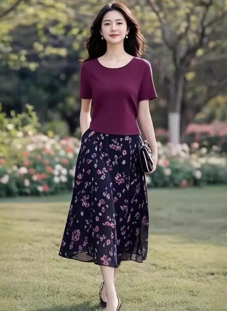 （预售8天发货）冰丝凉爽短袖显瘦上衣+松紧腰雪纺印花半裙套装LJX-856 商品图1