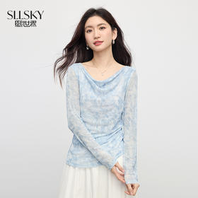 【08/06新品】熙世界一字荡领印花T恤女长袖气质正肩内搭打底上衣2025早秋新款